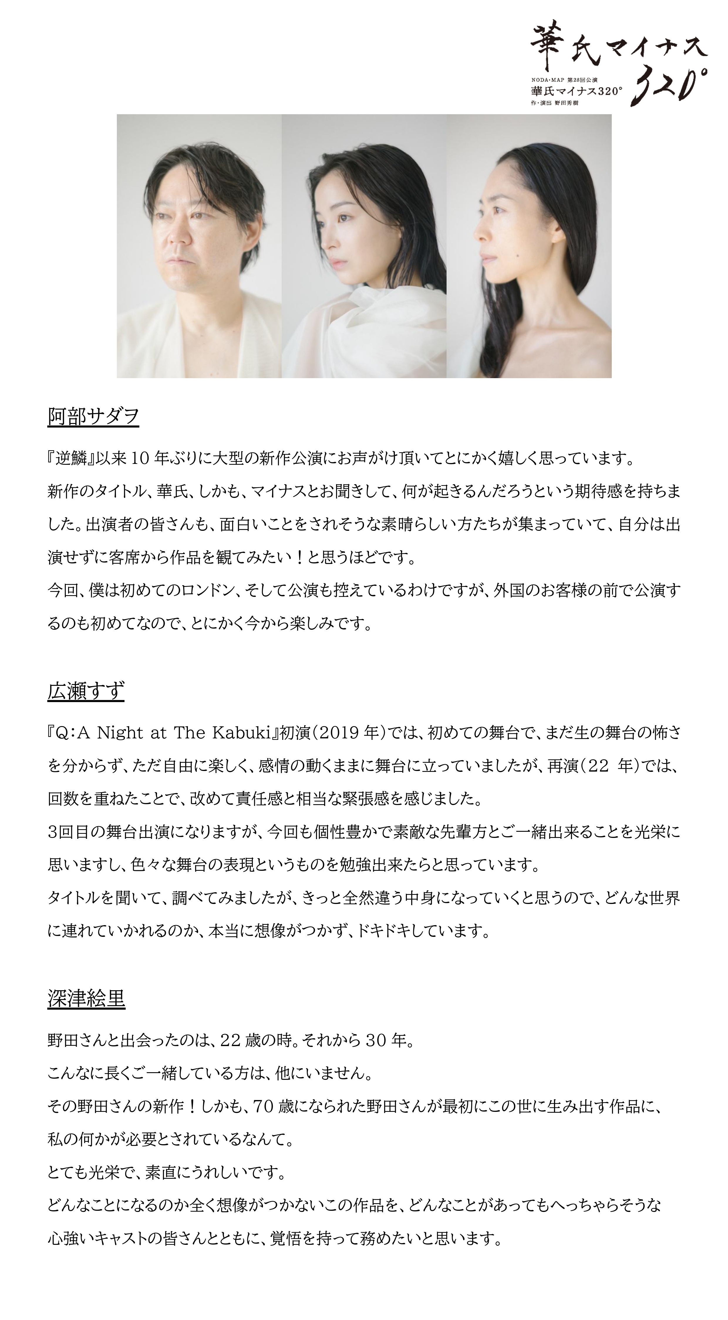 【阿部サダヲ】 『逆鱗』以来10年ぶりに大型の新作公演にお声がけ頂いてとにかく嬉しく思っています。新作のタイトル、華氏、しかも、マイナスとお聞きして、何が起きるんだろうという期待感を持ちました。出演者の皆さんも、面白いことをされそうな素晴らしい方たちが集まっていて、自分は出演せずに客席から作品を観てみたい！と思うほどです。今回、僕は初めてのロンドン、そして公演も控えているわけですが、外国のお客様の前で公演するのも初めてなので、とにかく今から楽しみです。【広瀬すず】 『Q：A Night at The Kabuki』初演（2019年）では、初めての舞台で、まだ生の舞台の怖さを分からず、ただ自由に楽しく、感情の動くままに舞台に立っていましたが、再演（22年）では、回数を重ねたことで、改めて責任感と相当な緊張感を感じました。3回目の舞台出演になりますが、今回も個性豊かで素敵な先輩方とご一緒出来ることを光栄に思いますし、色々な舞台の表現というものを勉強出来たらと思っています。タイトルを聞いて、調べてみましたが、きっと全然違う中身になっていくと思うので、どんな世界に連れていかれるのか、本当に想像がつかず、ドキドキしています。【深津絵里】野田さんと出会ったのは、22歳の時。それから30年。こんなに長くご一緒している方は、他にいません。その野田さんの新作！しかも、70歳になられた野田さんが最初にこの世に生み出す作品に、私の何かが必要とされているなんて。とても光栄で、素直にうれしいです。どんなことになるのか全く想像がつかないこの作品を、どんなことがあってもへっちゃらそうな心強いキャストの皆さんとともに、覚悟を持って務めたいと思います。